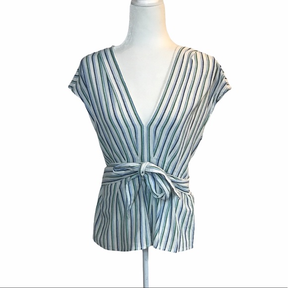 Max Studio Tops - Max Studio Belted Striped Short Sleeve Shirt M